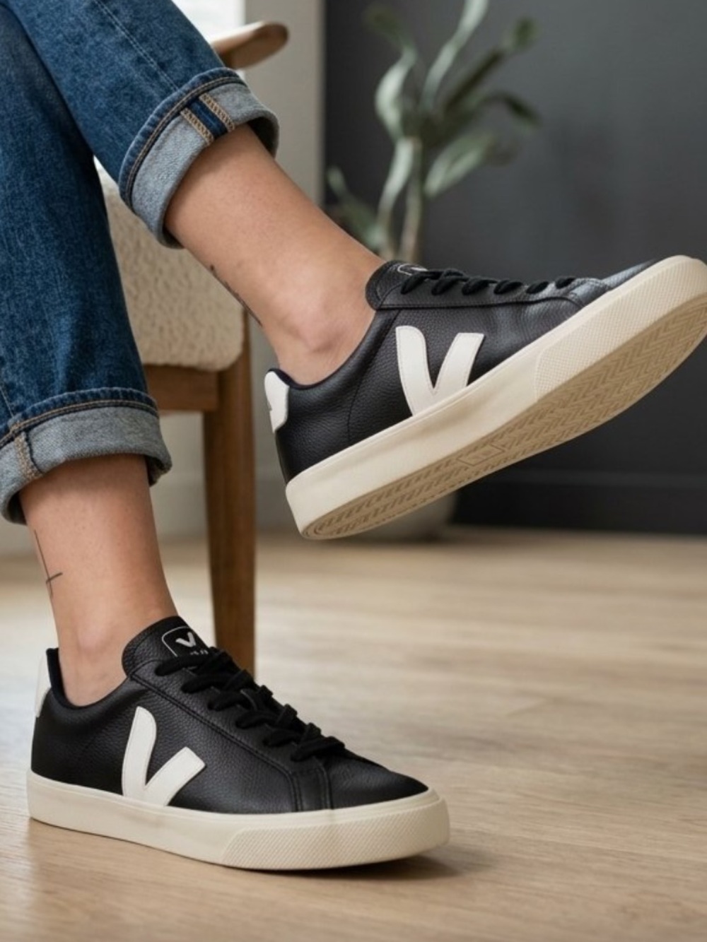 Veja Black Leather Sneakers with White V Detail